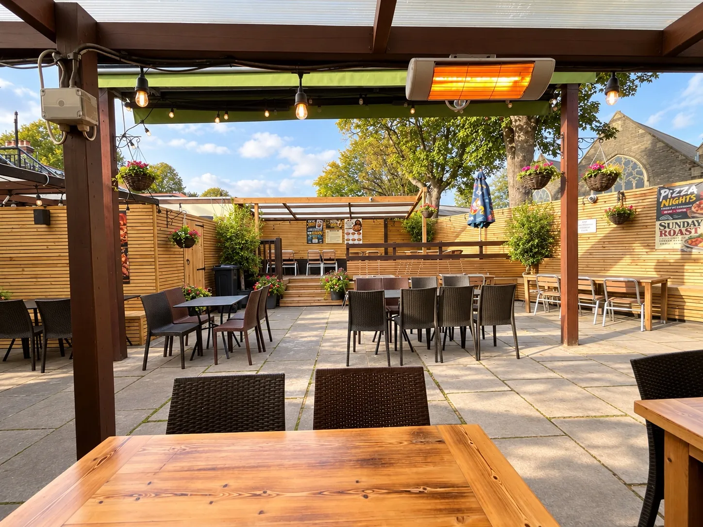 Heated seating in the Robin Hood rear beer garden